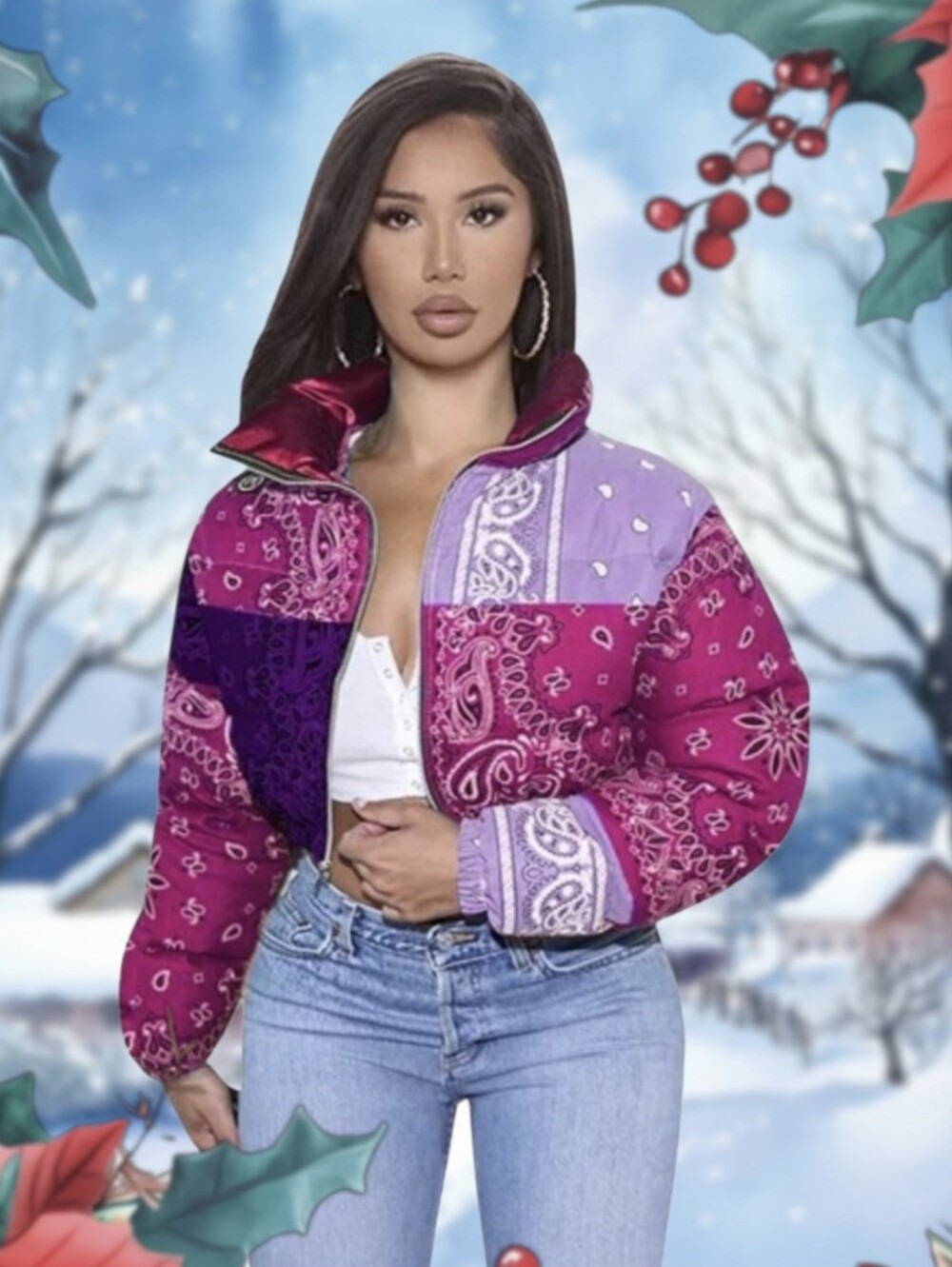 #T009 Stylish Patchwork Bandana Puffer Jacket - Purple Pink